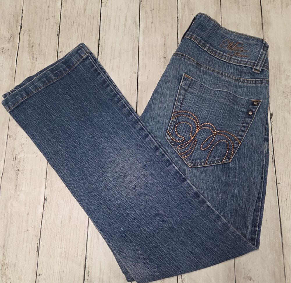 Y2K Mecca Femme Jeans EMBROIDERED Low Rise Bootcut Sz7/8 Stretch Denim GRUNGE
